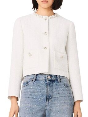 Maje Cropped Pearl-Trim White Tweed Jacket Brand New with Tags XS/S